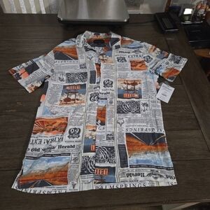New Botton Up Shirt Men's Rayon Newspaper Print Route 66 SizeS(34-36)Multi-color